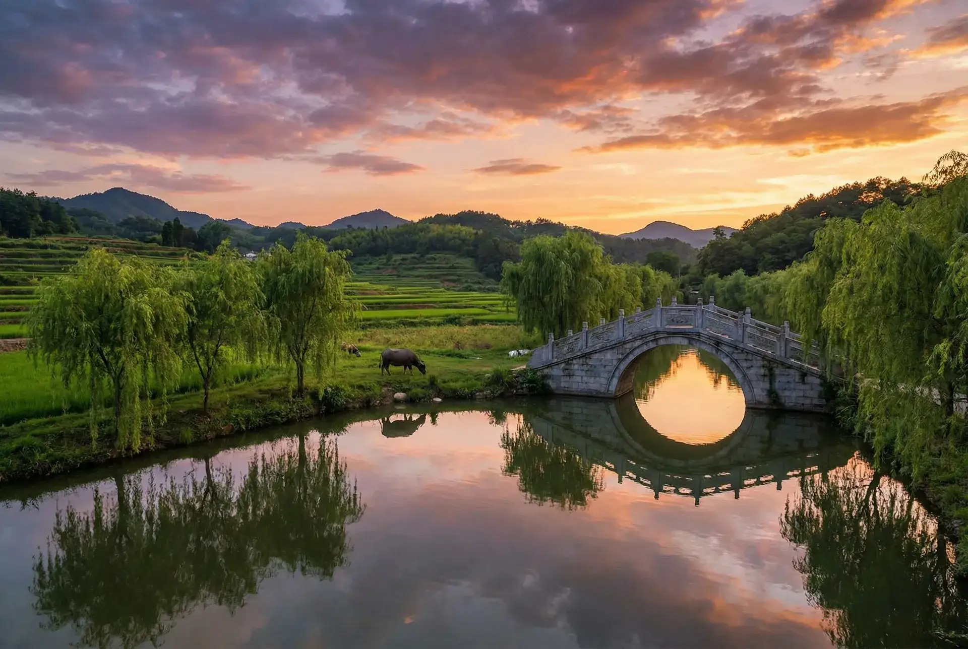 夕阳下的石拱桥与垂柳，水牛在河边吃草 - 悬崖 下载 乡村美景